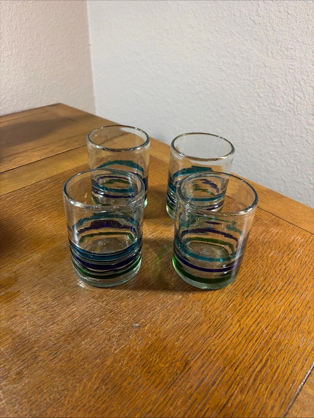 VTG Hand-Blown Mexican Drinking Glasses Set of 4 Barware Green Purple Blue